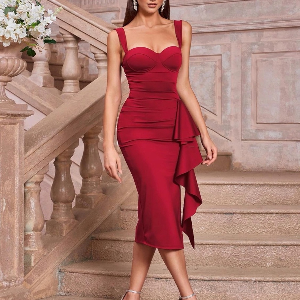 Red Ruffled Bodycon Dress -